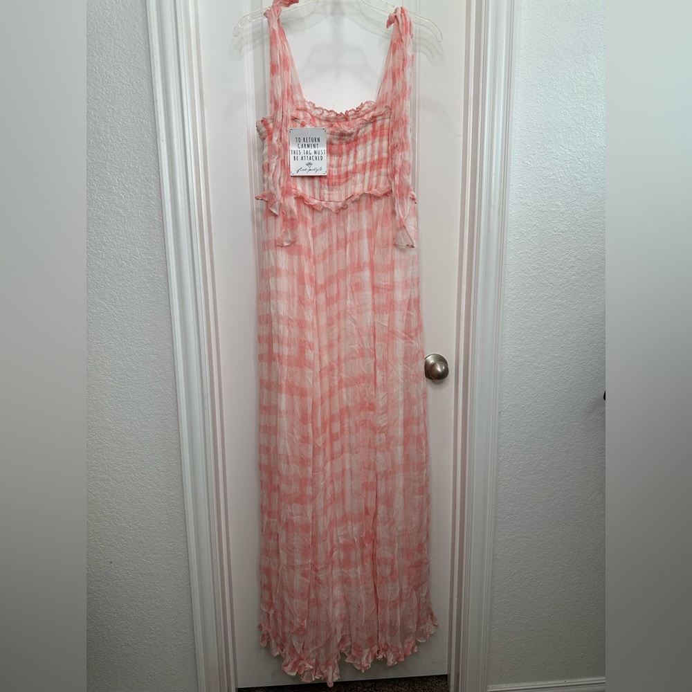 Free People Dorothy Gayle Maxi Dress in pink & white checkered Sz Medium - Picture 4 of 15